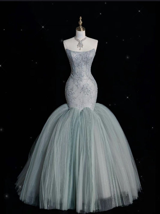 Robe de soirée longue bleu clair, style sirène, sans bretelles, DP4129