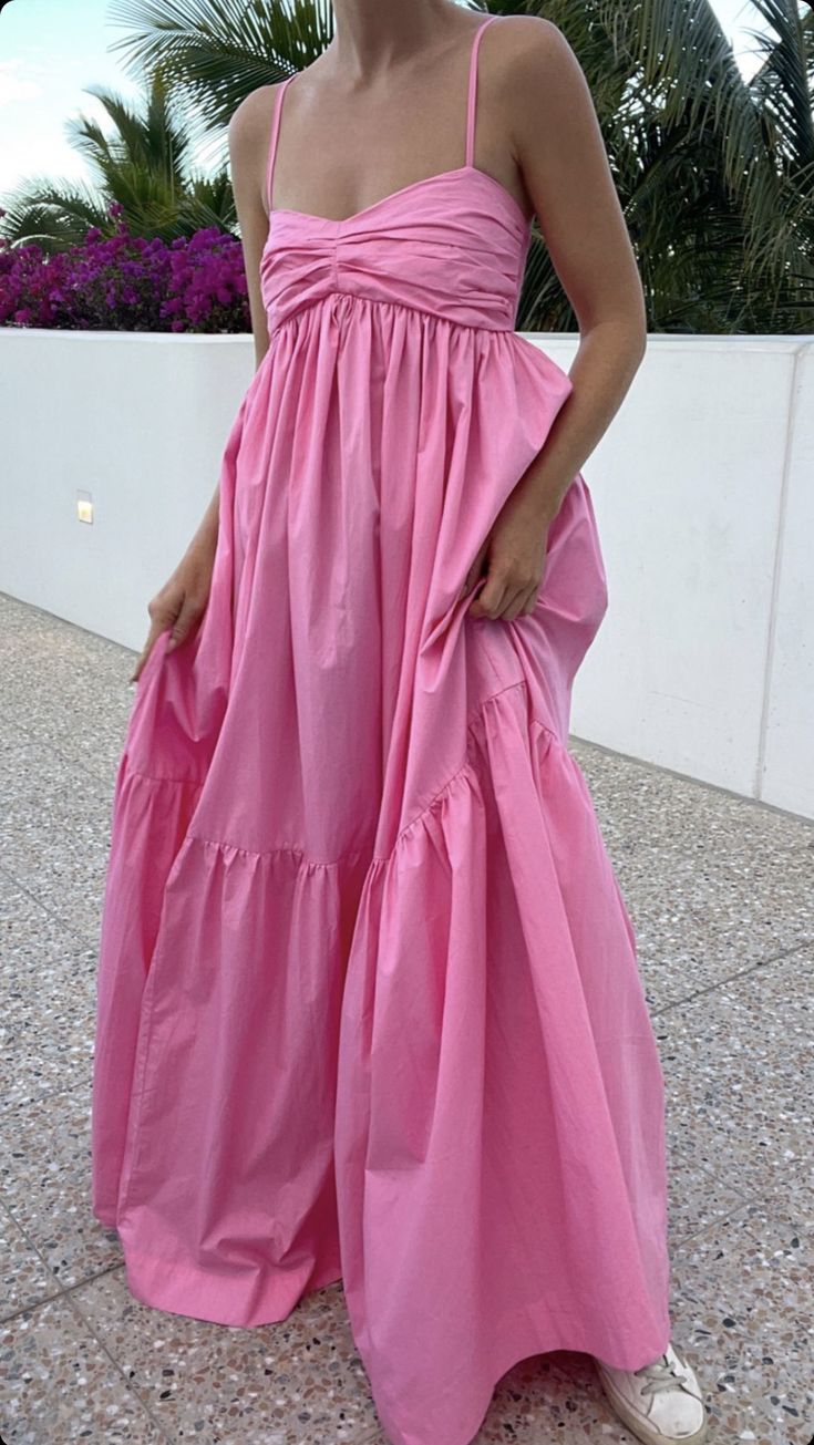 Robe longue rose à bretelles spaghetti, coupe trapèze, tenue de soirée, anniversaire, DP4136