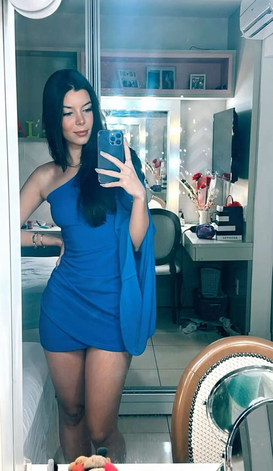 Robe de soirée courte fourreau bleu roi à une épaule, DP4145