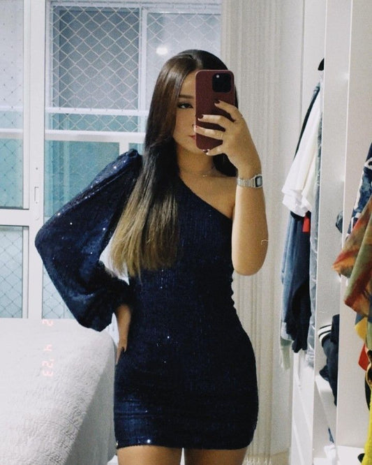 Robe fourreau courte bleu marine à une épaule et sequins, robe de soirée, DP4148