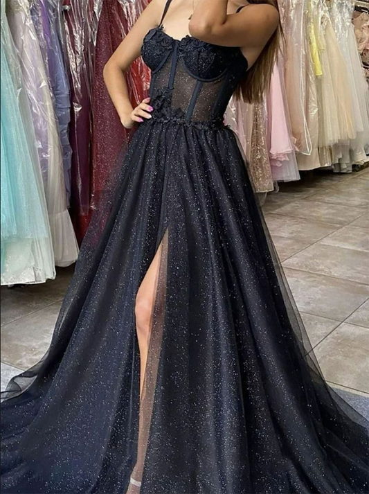 Black Vintage A-line Long Sweetheart Galaxy Lace Tulle Prom Dress Straps Ball Gown Party Evening Dress,DP414
