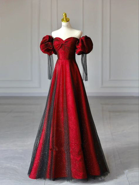 Robe de bal longue rouge vin à épaules dénudées en tulle et satin, DP4149