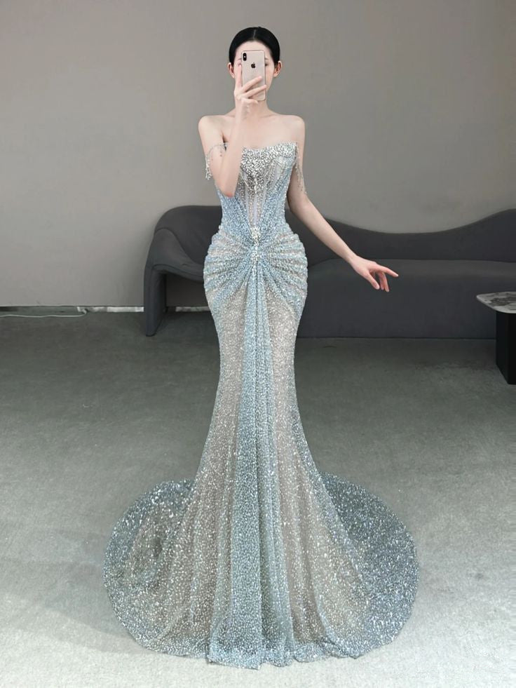 Atemberaubendes schulterfreies Meerjungfrau-Abendkleid mit Perlenbesatz, langes Partykleid, DP4158