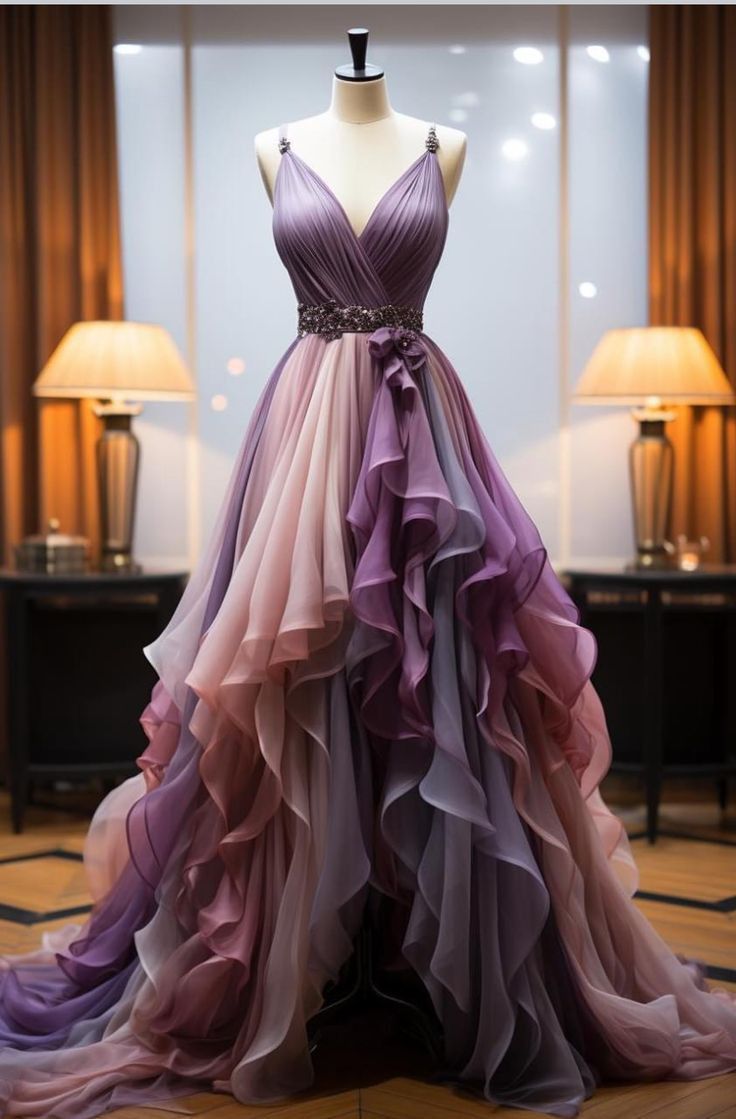 Lila Ombre V-Ausschnitt Träger A-Linie Langes Ballkleid Abendkleid, DP4168