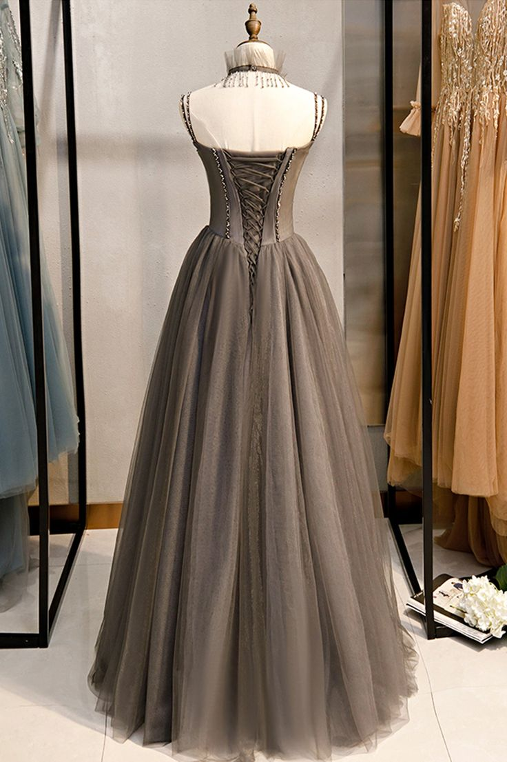 Robe de bal longue en tulle à bretelles spaghetti et perles, coupe trapèze, DP417