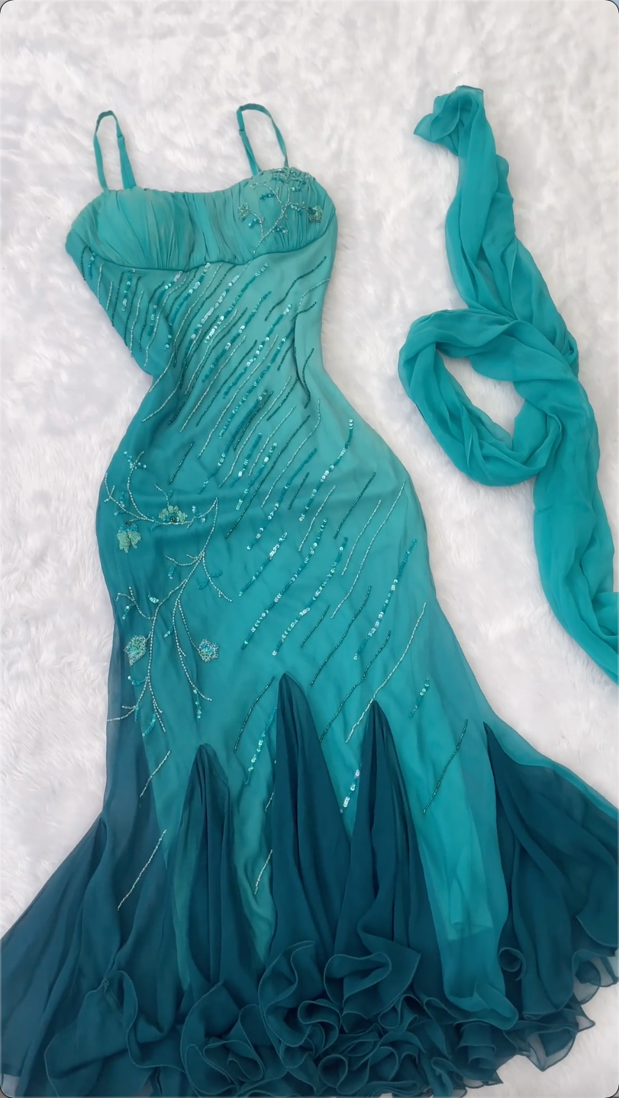 Vintage Turquoise Ombre Chiffon Beaded Mermaid Evening Gown Ruched Bod DSProm Vintage Turquoise Ombre Chiffon Beaded Mermaid Evening Gown Ruched Bod DSProm