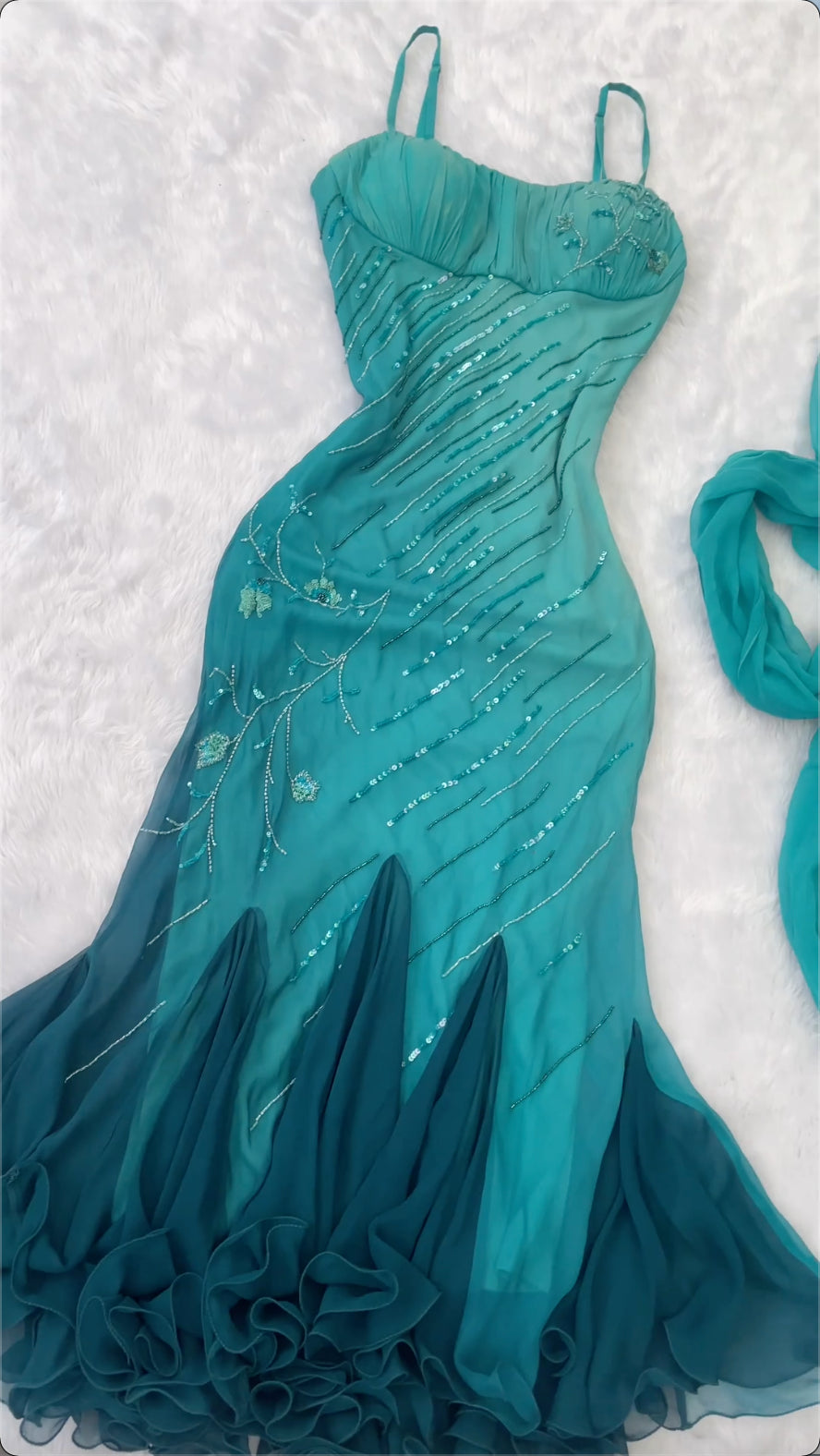 Blue Spaghetti Straps Sequins Retro Long Party Dress, DP4185
