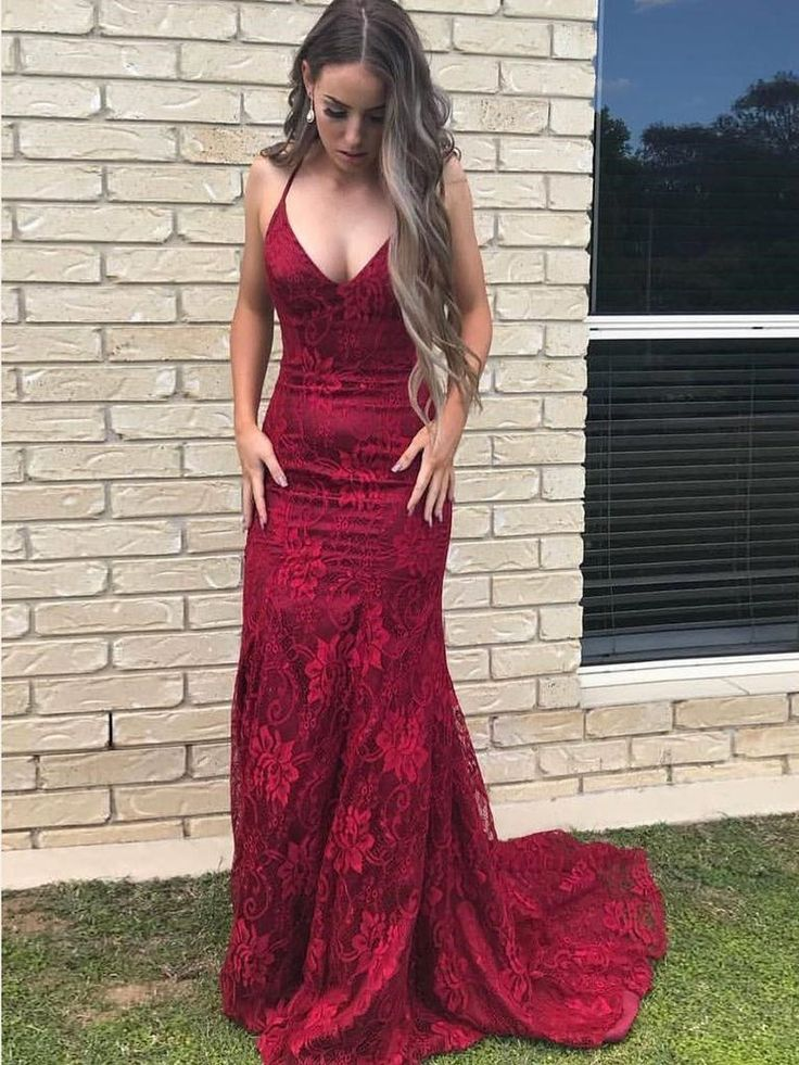 Sexy rückenfreies rotes Meerjungfrau-Spitzen-Abendkleid mit langem Ärmel, DP421