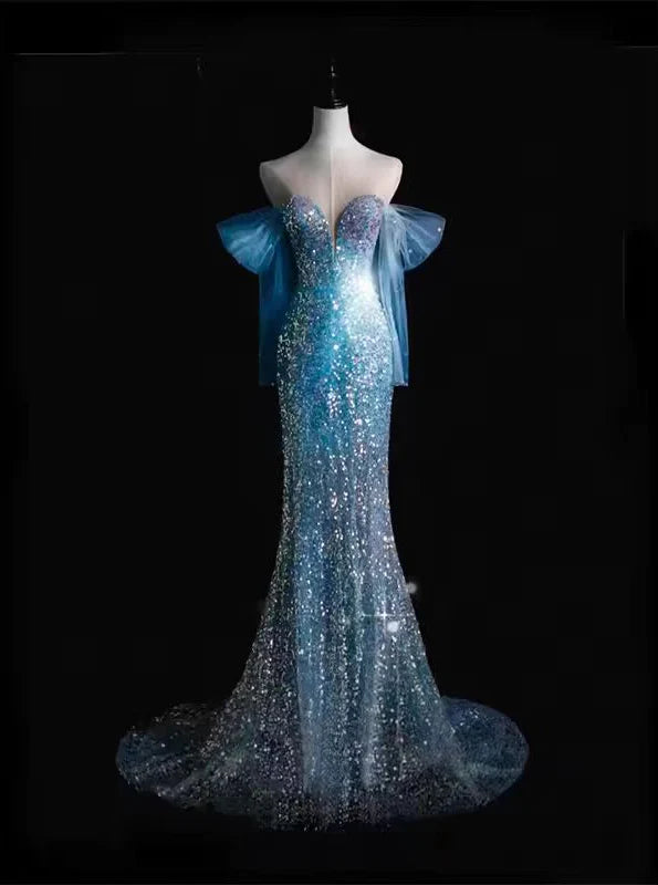 Robe de soirée longue sirène à paillettes bleues, décolleté en cœur, robe d'anniversaire, DP4220