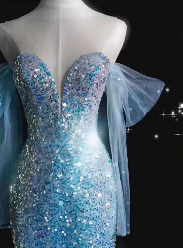 Robe de soirée longue sirène à paillettes bleues, décolleté en cœur, robe d'anniversaire, DP4220