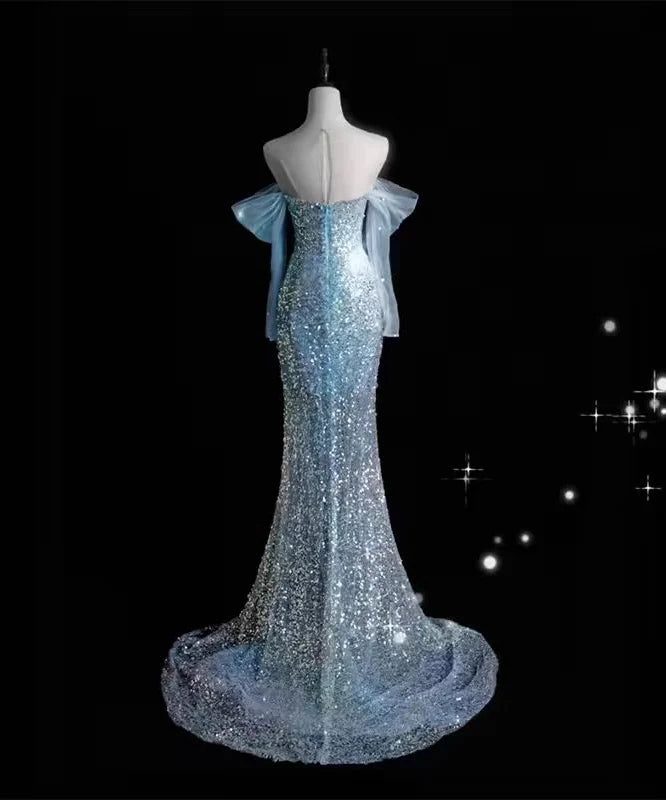 Robe de soirée longue sirène à paillettes bleues, décolleté en cœur, robe d'anniversaire, DP4220