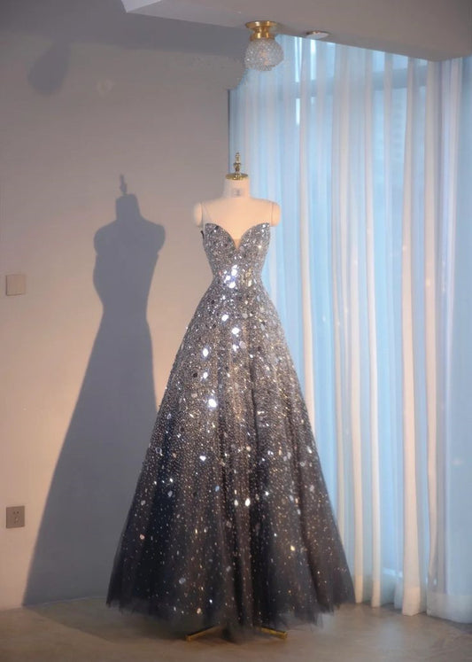 Superbe robe de bal longue et brillante, coupe trapèze, décolleté en cœur, DP4227