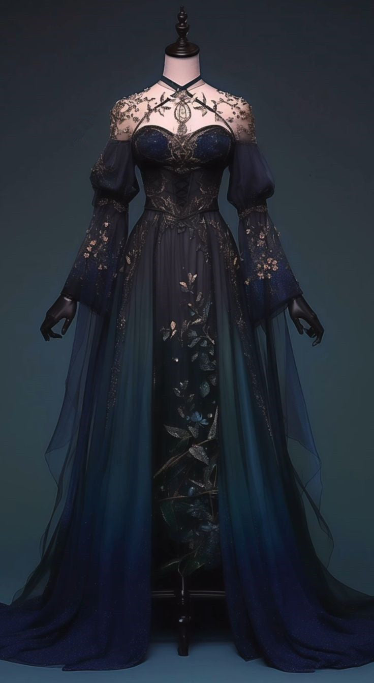 Robe de bal trapèze bleu marine à manches longues et appliques, DP4228
