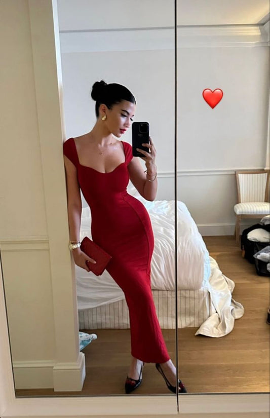 Sexy langes Abendkleid im Meerjungfrauen-Stil mit roten Trägern, DP4248