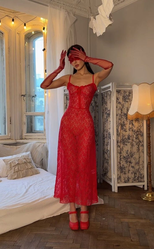 Robe de soirée longue sexy rouge à bretelles spaghetti en dentelle trapèze, DP4249