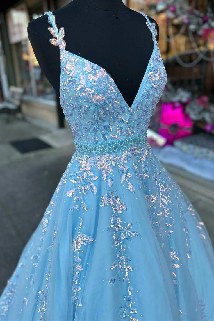 Light Blue Appliques V-Neck Belted A-Line Prom Gown,DP425