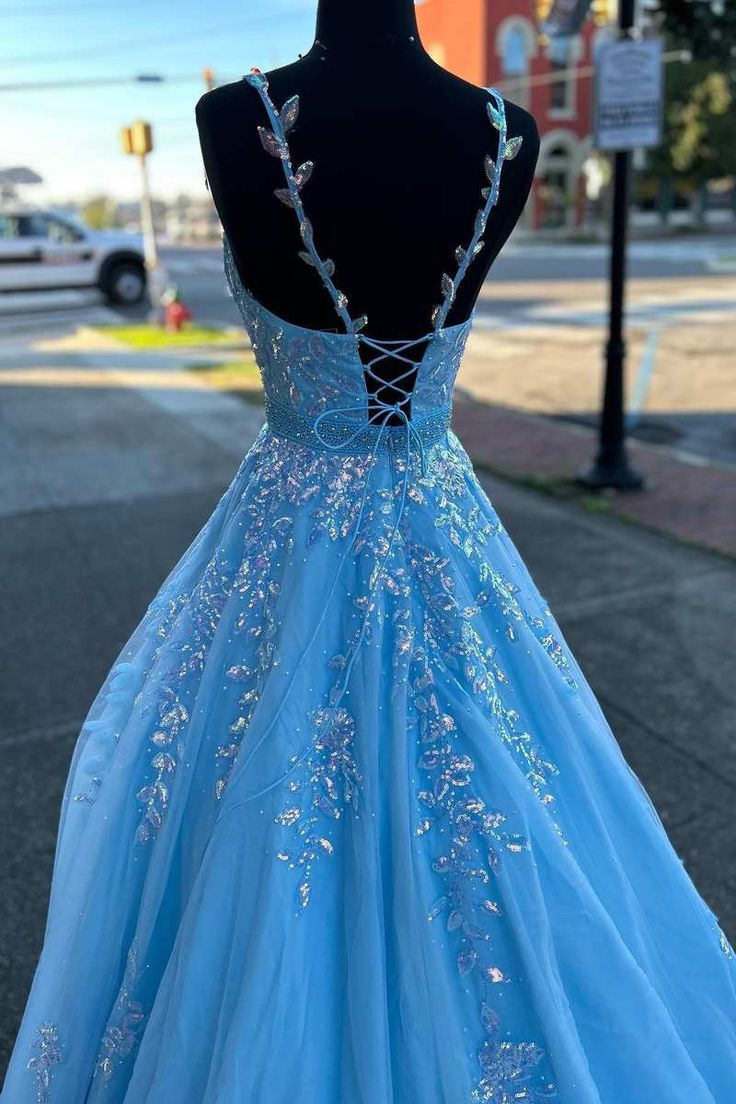 Light Blue Appliques V-Neck Belted A-Line Prom Gown,DP425