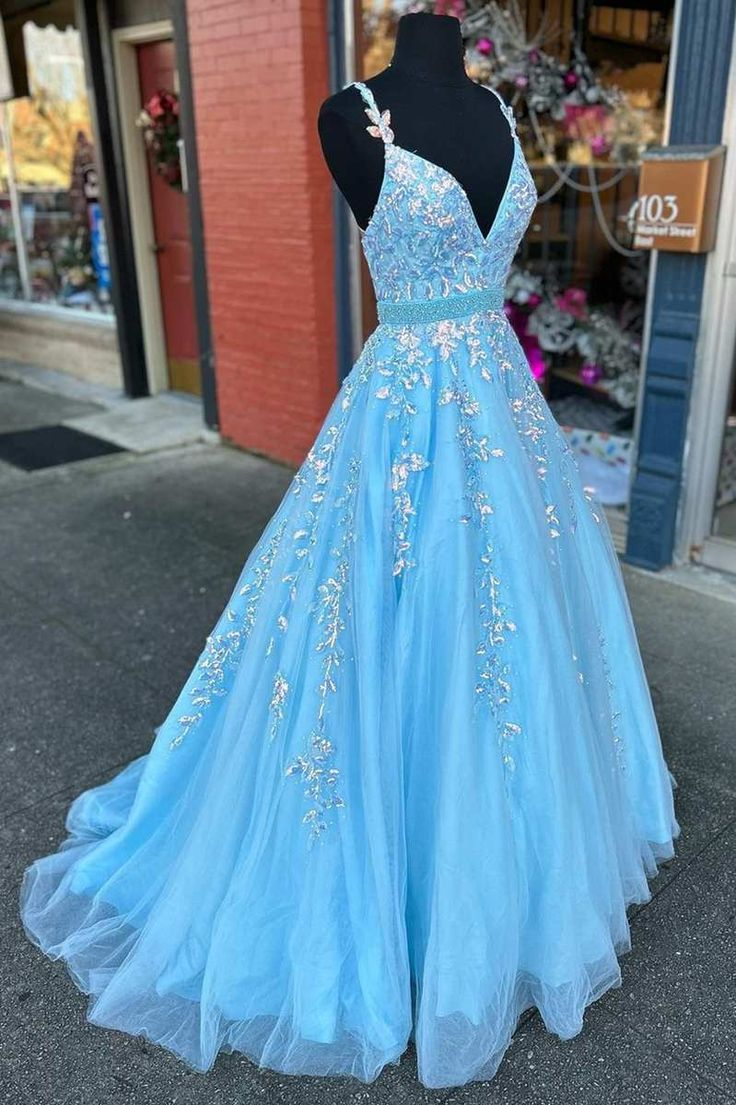 Light Blue Appliques V-Neck Belted A-Line Prom Gown,DP425