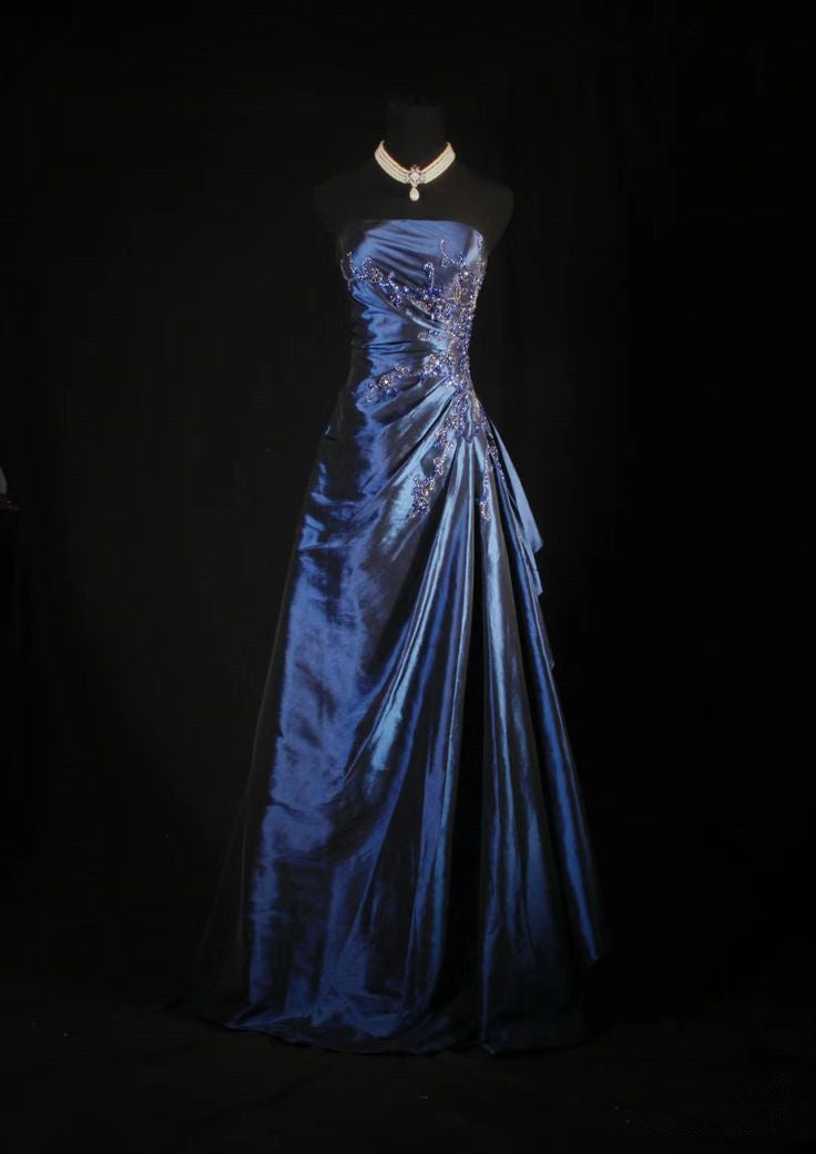 Vintage Royal Blue Satin Strapless Evening Gown with Beaded Embroidery & Draped Ruffles DP4287