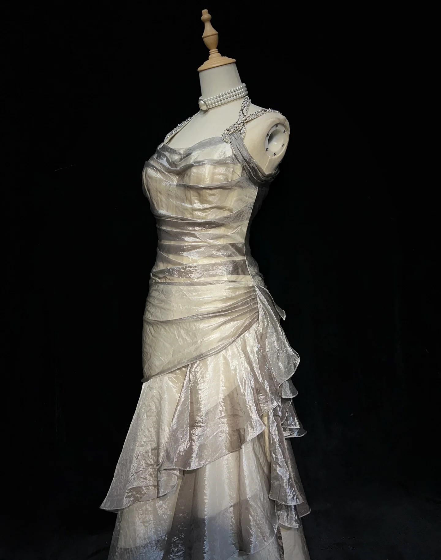 Champagne Straps Sheath Chiffon Vintage Long Prom Dress, DP4300