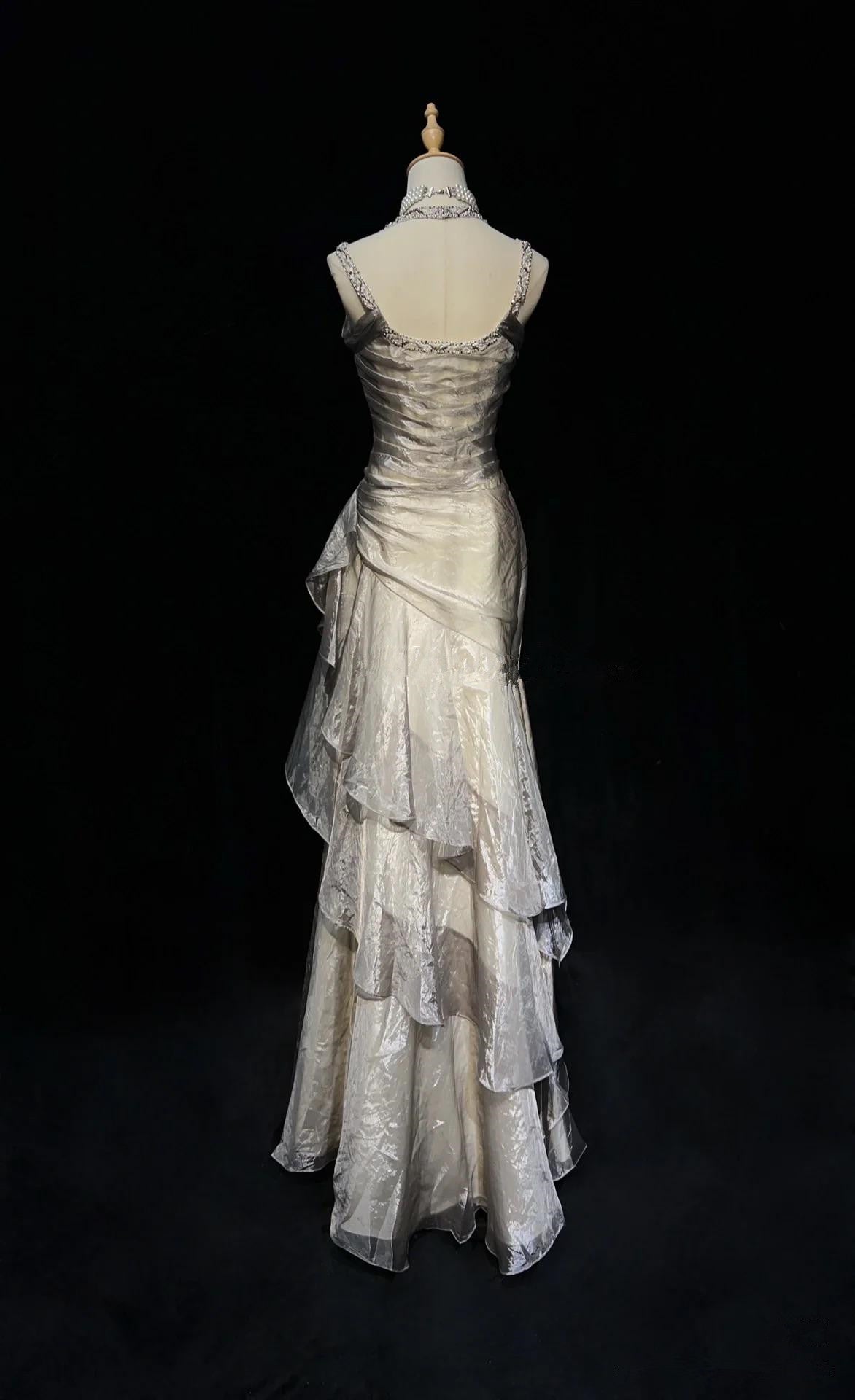 Champagne Straps Sheath Chiffon Vintage Long Prom Dress, DP4300