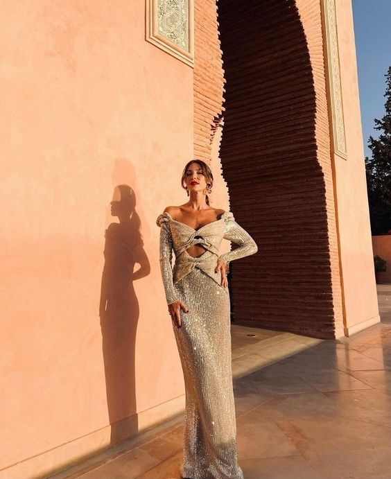 Robe de soirée longue argentée chic à épaules dénudées, robe de bal, DP488