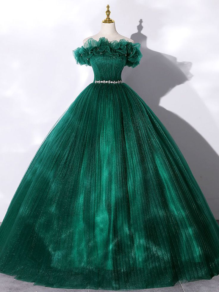 Grüner Tüll Off Shoulder Langes Ballkleid Sweet 16 Kleid, DP490