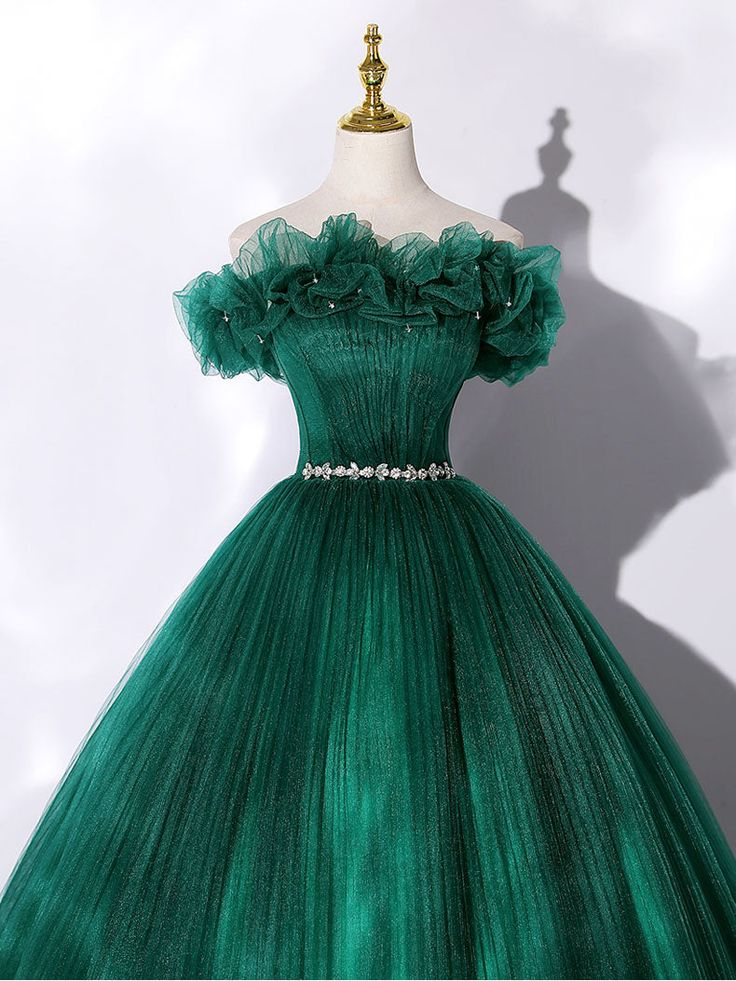 Grüner Tüll Off Shoulder Langes Ballkleid Sweet 16 Kleid, DP490
