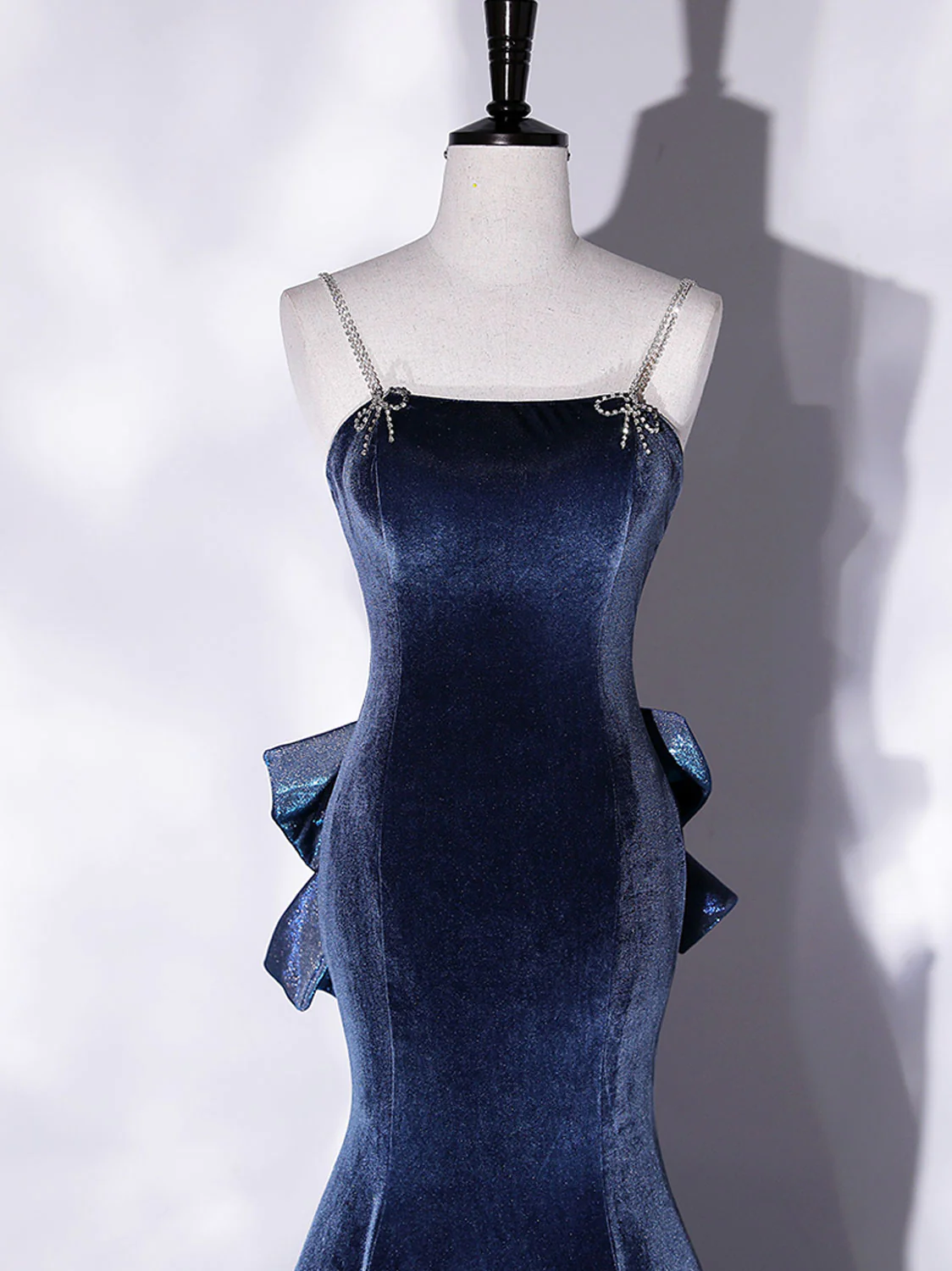 Blaues Meerjungfrau-Abendkleid aus Samt, langes Abendkleid aus Samt, DP496