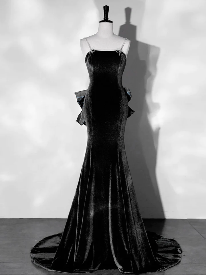 Blaues Meerjungfrau-Abendkleid aus Samt, langes Abendkleid aus Samt, DP496