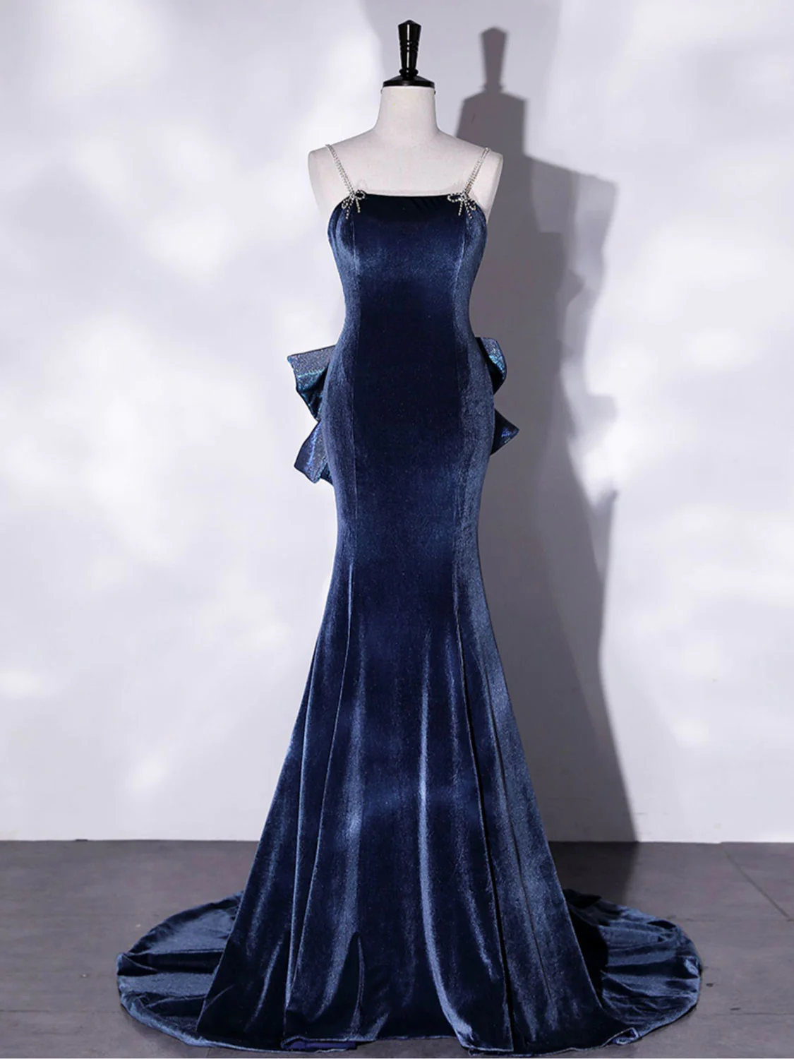 Blaues Meerjungfrau-Abendkleid aus Samt, langes Abendkleid aus Samt, DP496