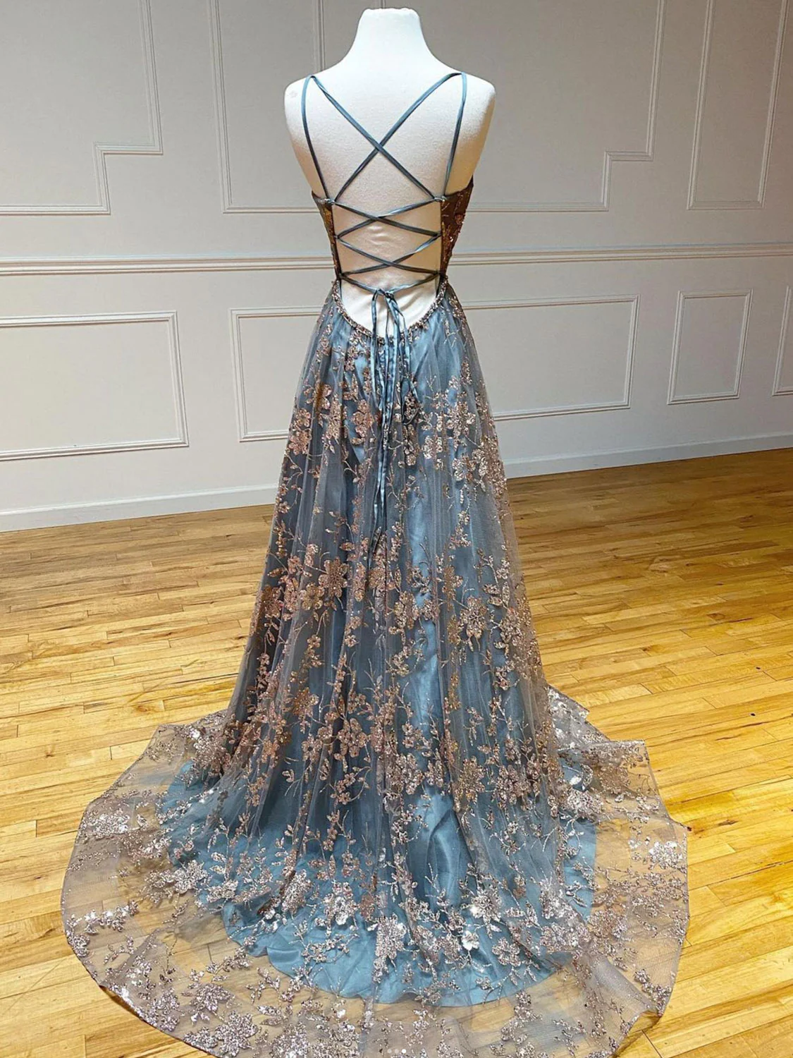 A-Linie V-Ausschnitt Tüll Pailletten Langes Ballkleid Rückenfreies Langes Abendkleid,DP498