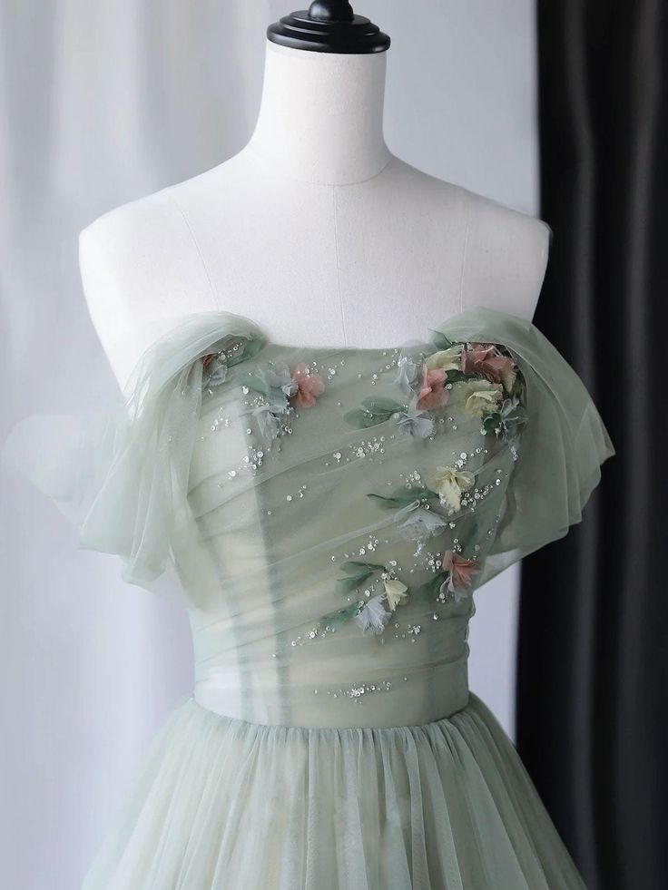 Gray Green Tulle Off Shoulder Long Prom Dress Formal Party Dress,DP499