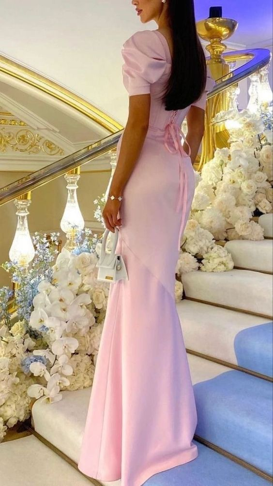 Rosa Meerjungfrau Kurzarm Ballkleid Formale Party Abendkleid, DP503