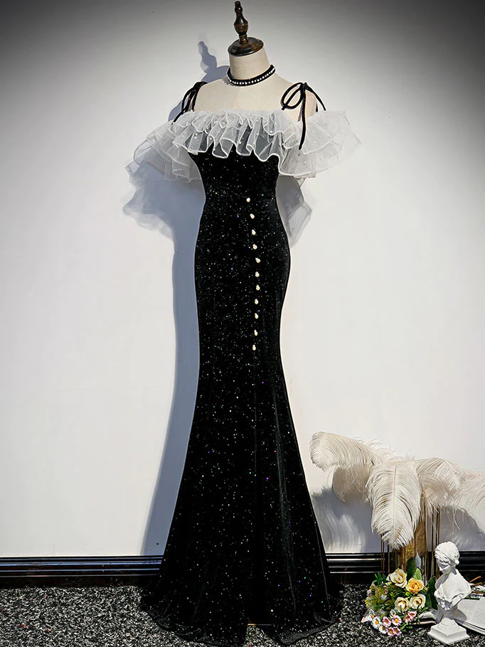 Schwarzes Meerjungfrau-Kleid mit Schnürung und Perlen, langes Abendkleid, DP504