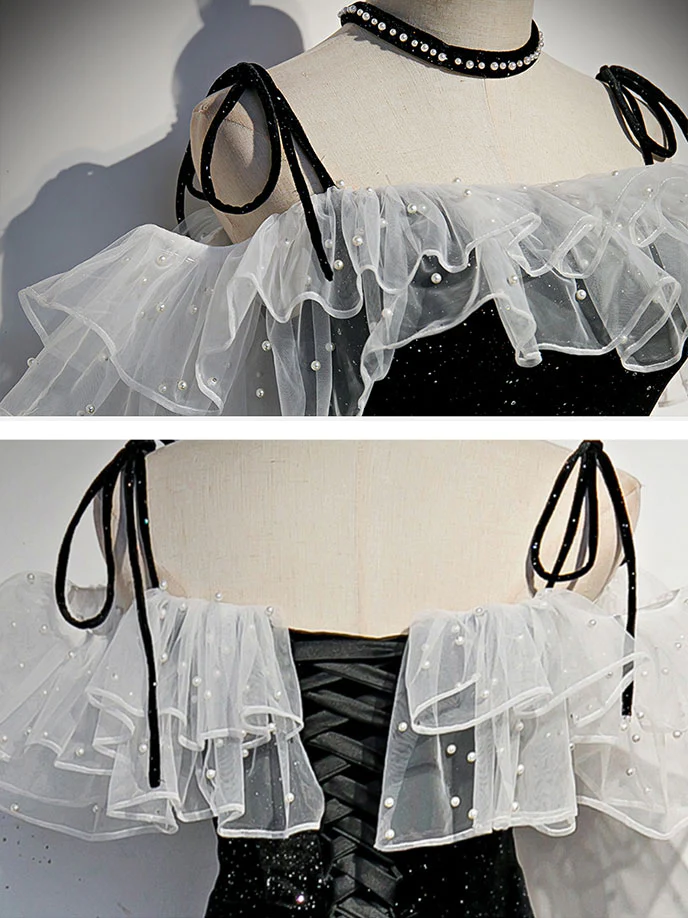 Schwarzes Meerjungfrau-Kleid mit Schnürung und Perlen, langes Abendkleid, DP504