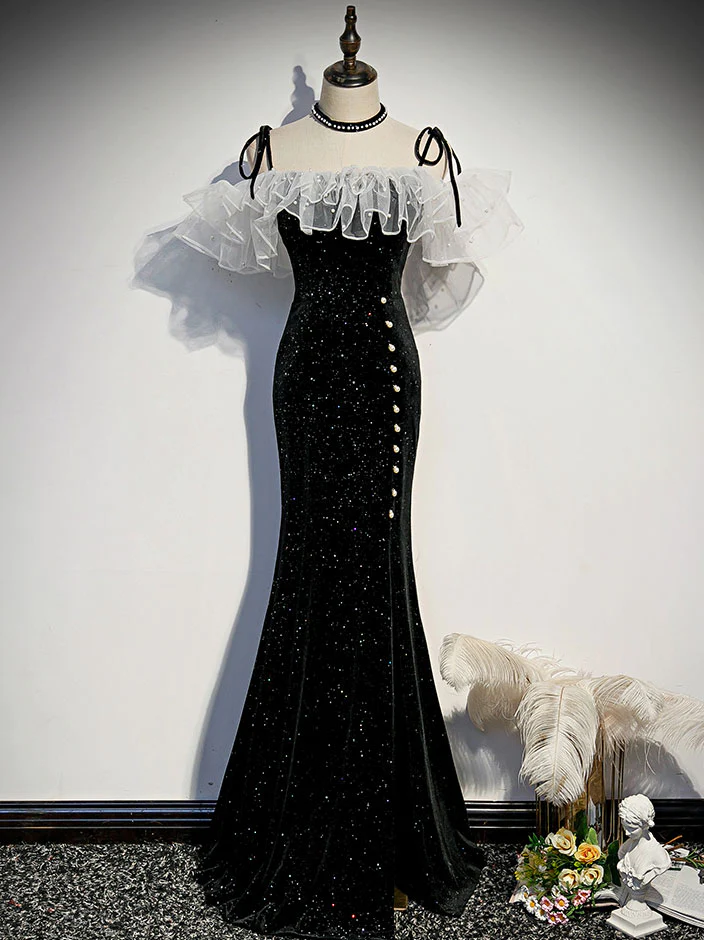 Schwarzes Meerjungfrau-Kleid mit Schnürung und Perlen, langes Abendkleid, DP504