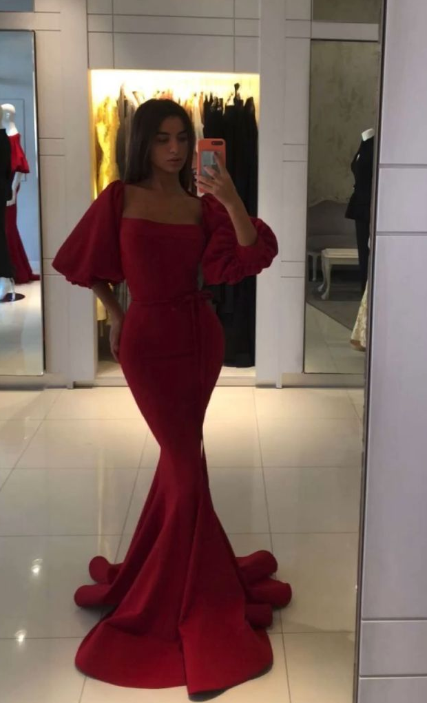 Robe de bal sirène longue rouge sexy à col carré et manches mi-longues, DP505