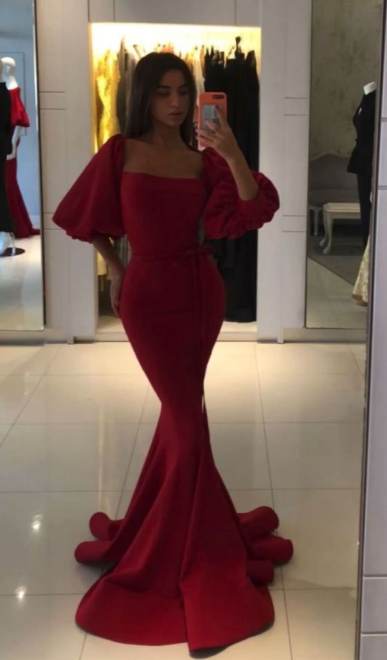 Robe de bal sirène longue rouge sexy à col carré et manches mi-longues, DP505