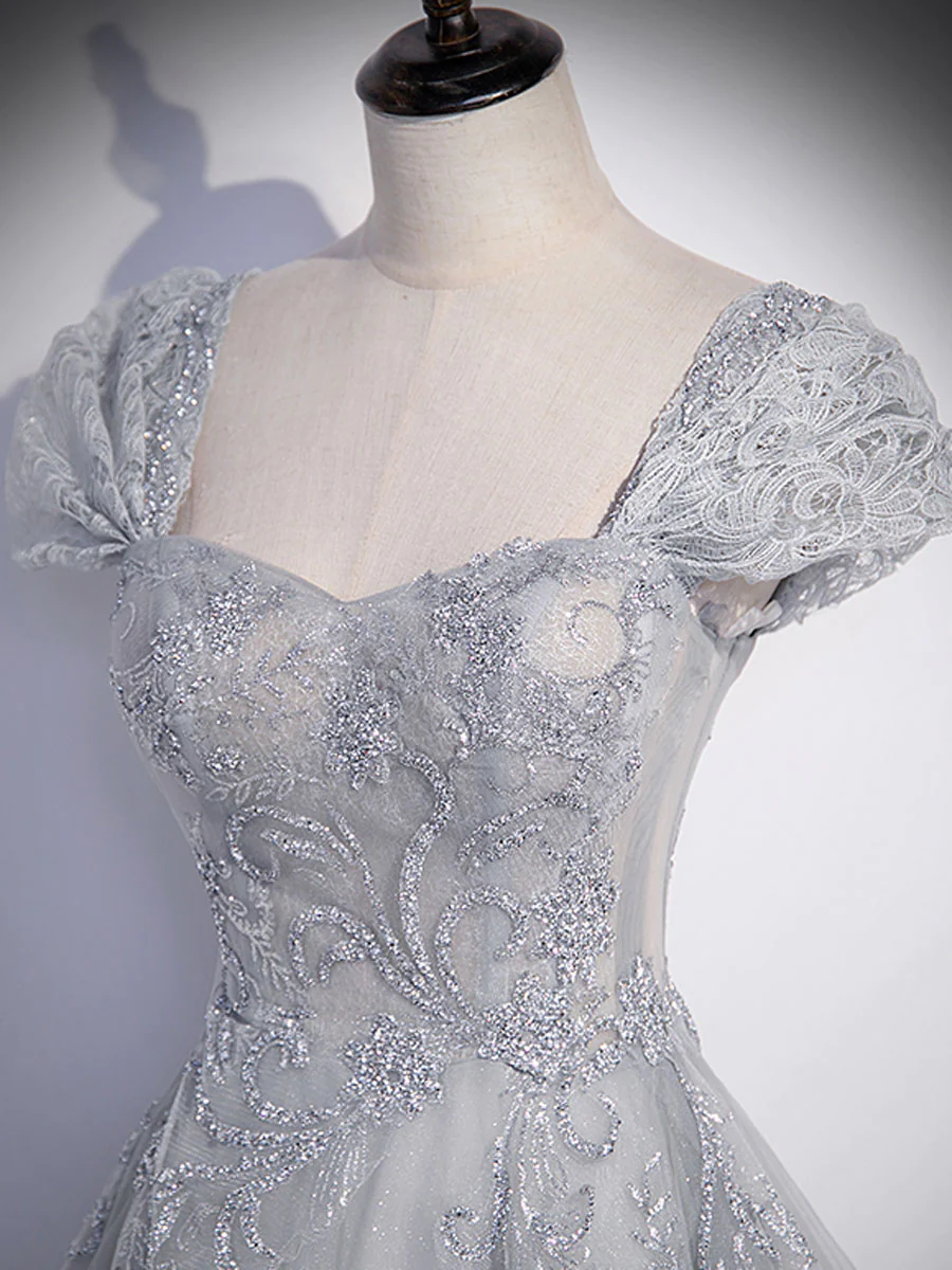 Gray A-Line Tulle Lace Long Prom Dress Evening Dress,DP508