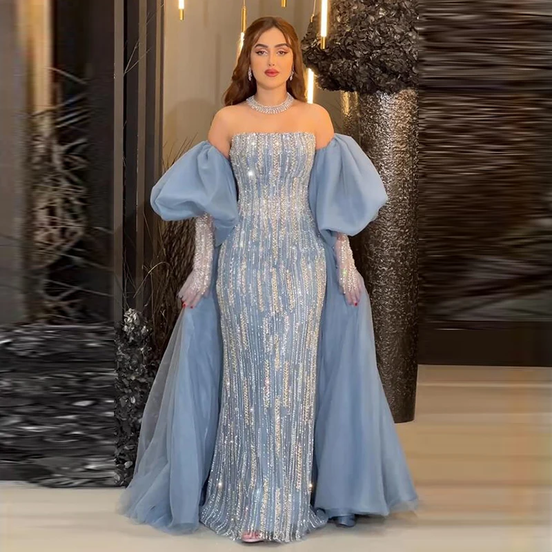 Blaues Meerjungfrau-Abendkleid mit Puffärmeln, abnehmbare Ärmel, Luxus-Dubai-Ballkleid, DP509