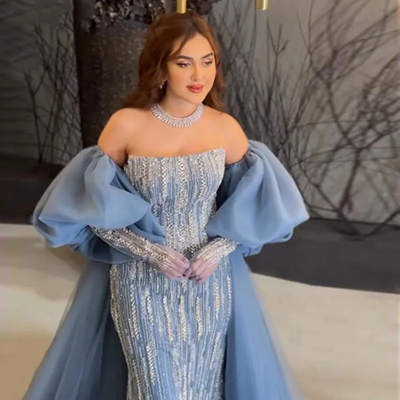 Blaues Meerjungfrau-Abendkleid mit Puffärmeln, abnehmbare Ärmel, Luxus-Dubai-Ballkleid, DP509