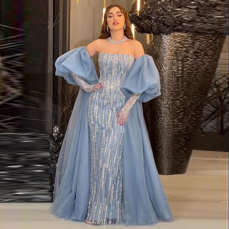 Blaues Meerjungfrau-Abendkleid mit Puffärmeln, abnehmbare Ärmel, Luxus-Dubai-Ballkleid, DP509