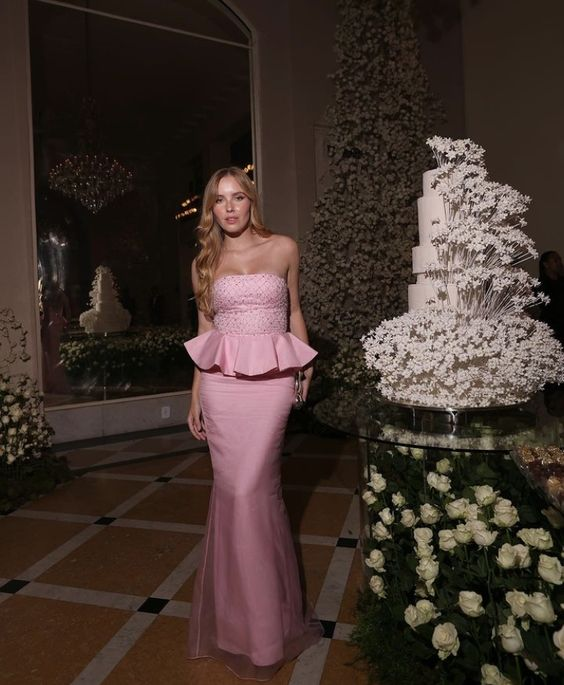 Rosa Meerjungfrau Trägerloses Rüschen Langes Ballkleid Partykleid,DP520