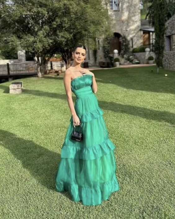 Green A-Line Strapless Tiered Long Prom Dress Party Dress,DP524