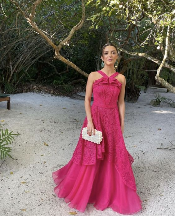 Hot Pink Sleeveless A-Line Tulle Lace Long Prom Dress Party Dress,DP530