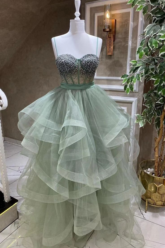 Modernes Abendkleid mit Spaghettiträgern und Herzausschnitt, Ballkleid mit Tüllperlen, DP550