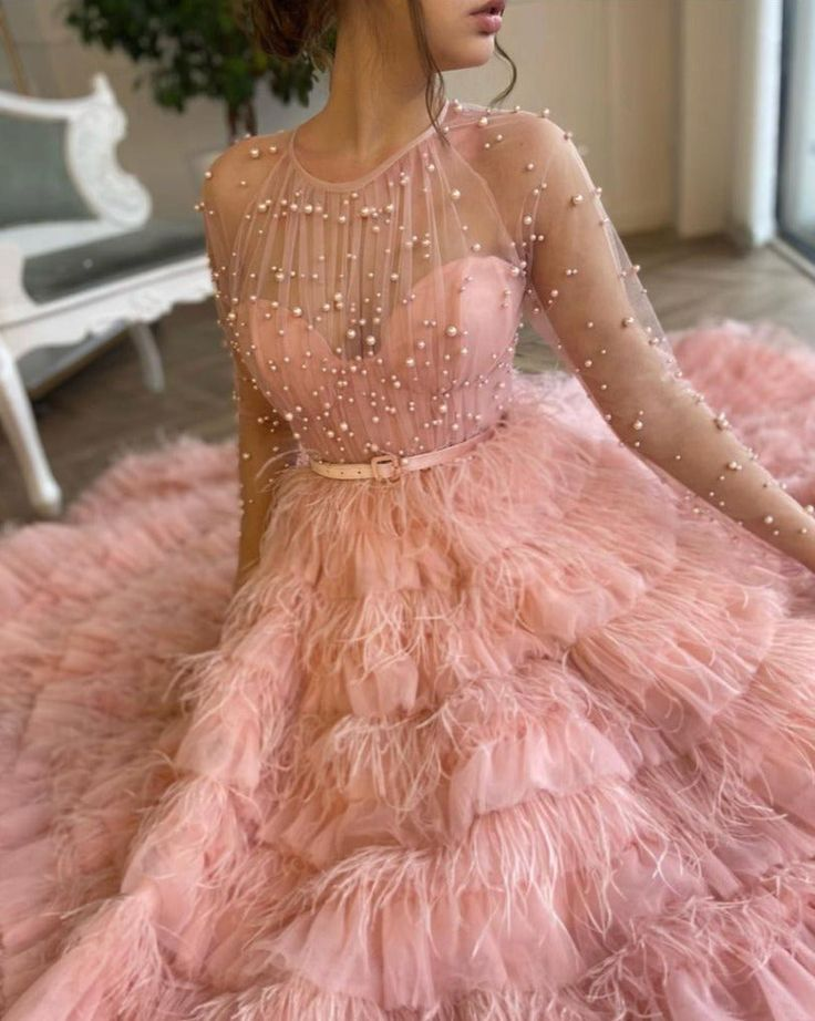 Pink Tulle Tiered A-Line Feather Evening Dress Long Prom Dress with Pearls,DP571