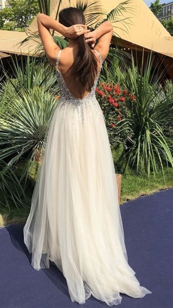 Robe de bal trapèze ivoire à col en V et dos nu, avec perles et paillettes, DP582