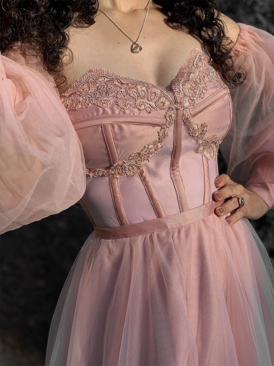 Pink A-Line Off Shoulder Tulle Long Prom Dress Formal Party Dress,DP587